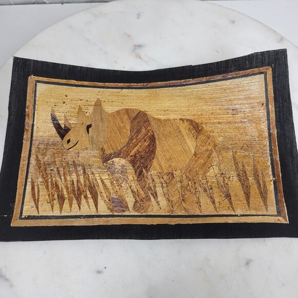 Vintage Banana Leaf Elephant and Rhino Painting Unframed Safari Wall Art - Picture 11 of 11